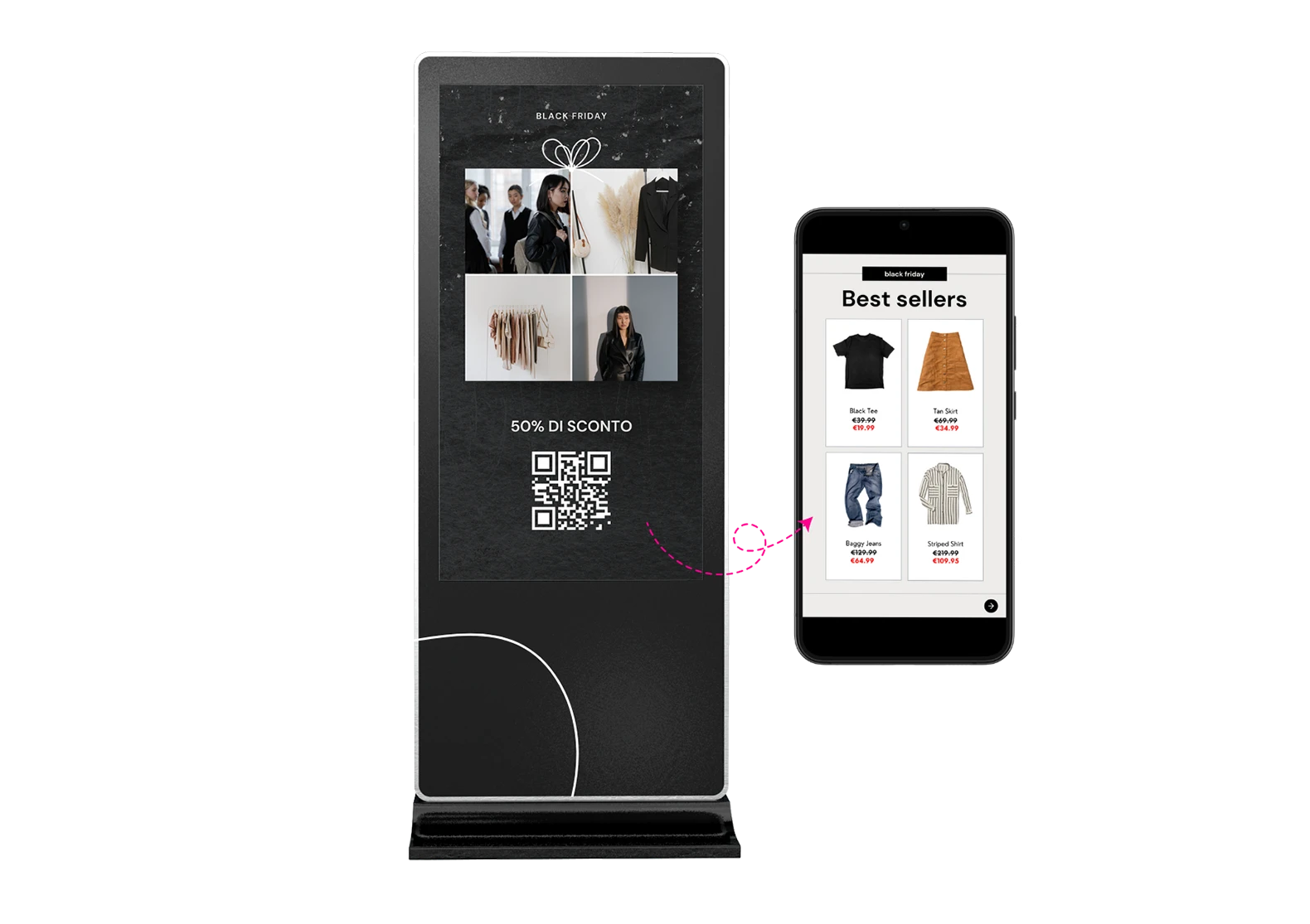 Cliente scansiona il QR code di un totem per consultare la scheda prodotto sullo smartphone