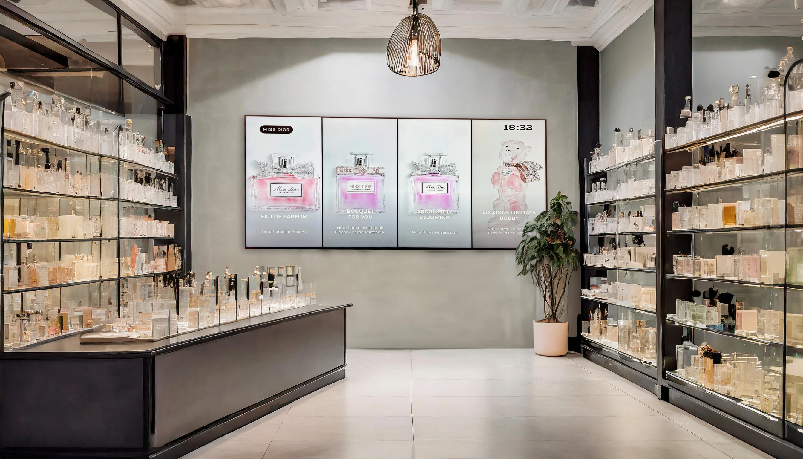 Cliente in negozio retail che confronta una borsa con il display digitale Livesignage che mostra la scheda prodotto con dettagli e caratteristiche