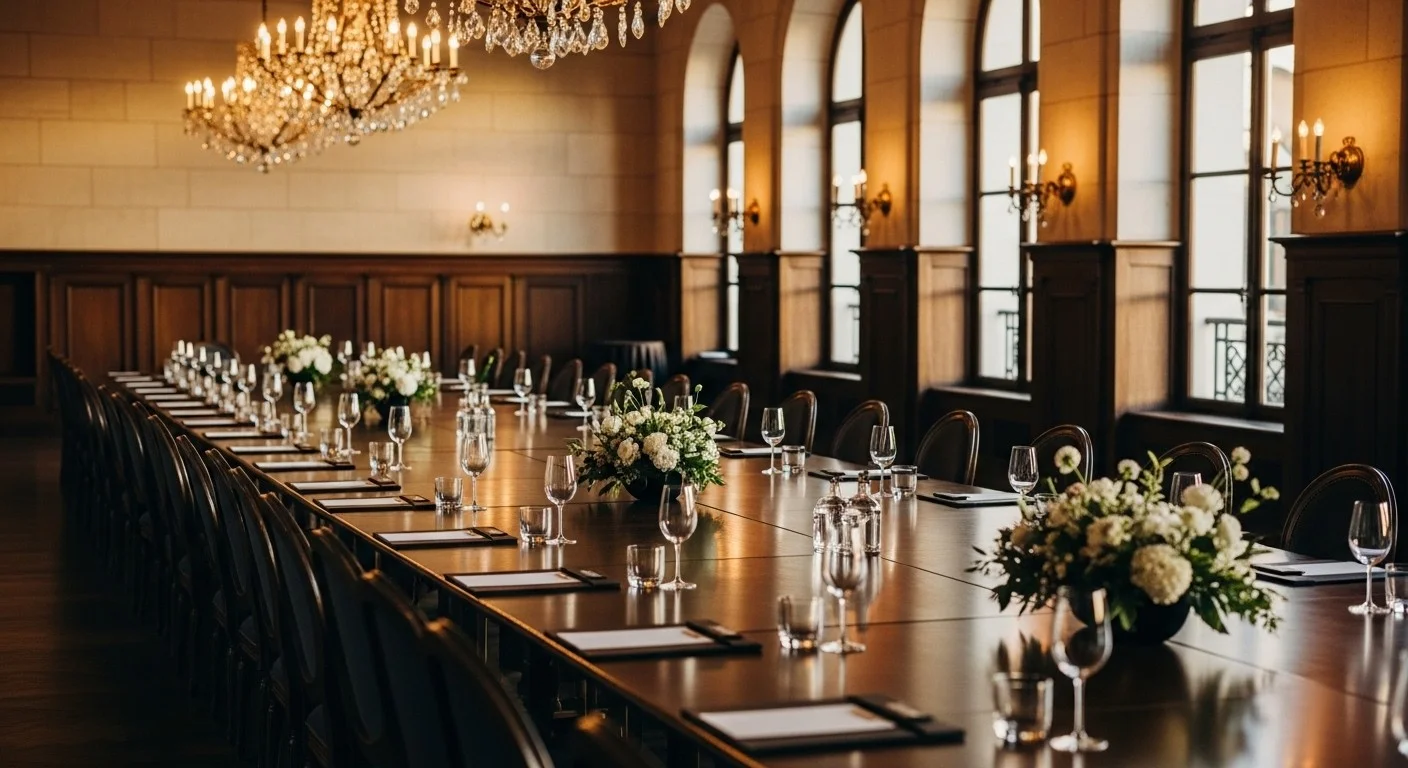 Prestigious seminar room in Paris with conference table, chandeliers and large windows