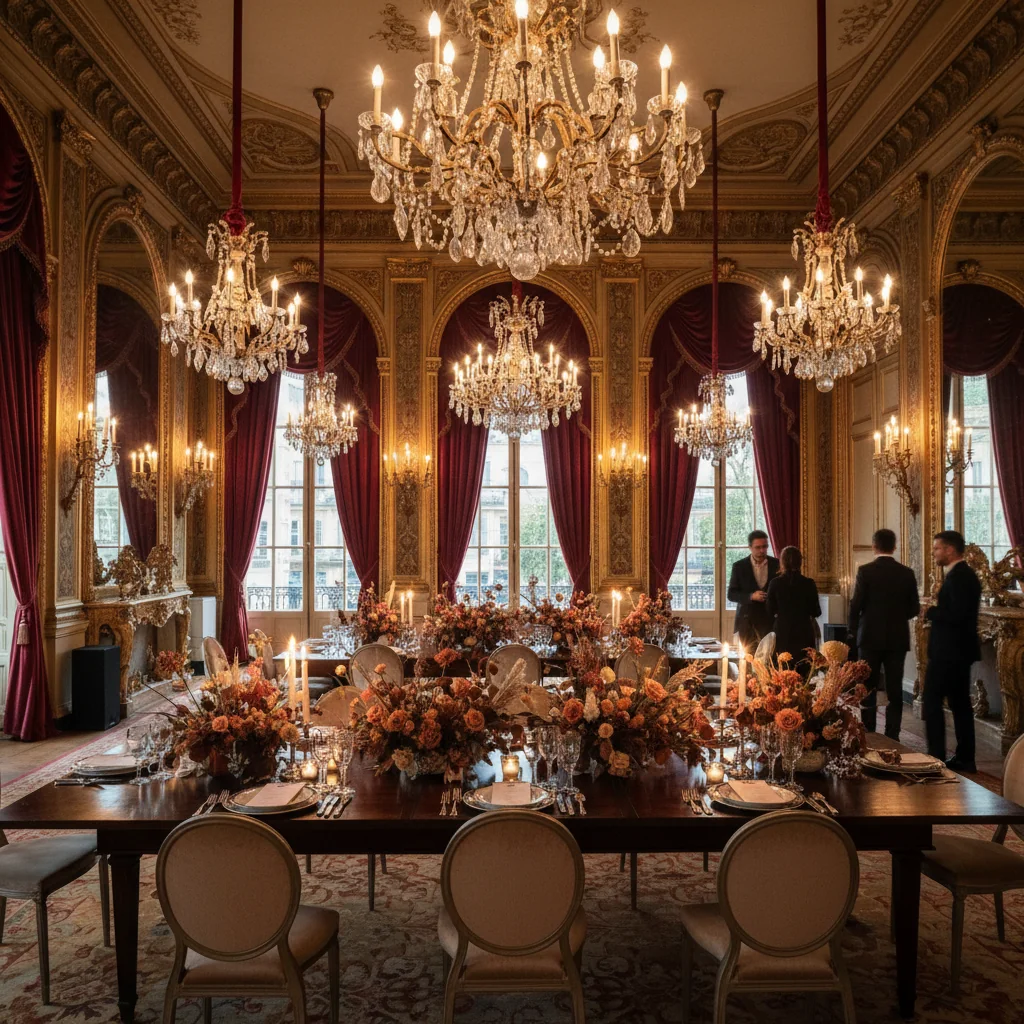 Grand salon parisien préparé pour un gala immersif, table de banquet avec verrerie en cristal et chandeliers dorés.
