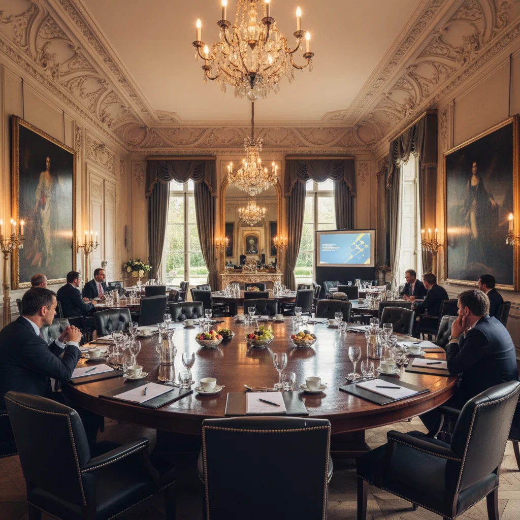 Executive corporate seminar in a Parisian mansion salon, grand round table with leather chairs