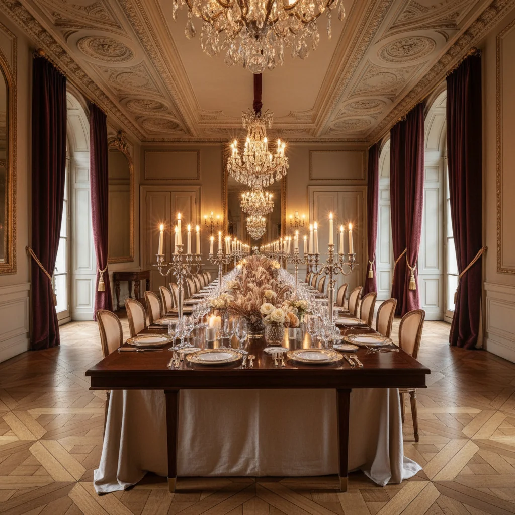 Gala dinner in an opulent Parisian salon with crystal chandeliers and table set for an exceptional evening.