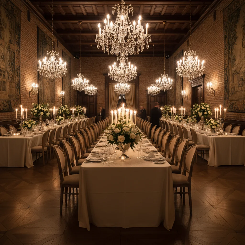 Gala dinner in a Lille mansion with crystal chandeliers and candlelit table settings.