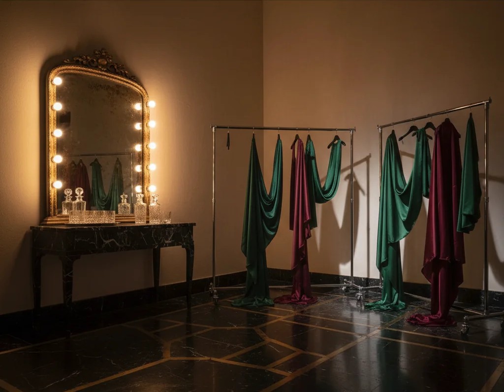 Editorial backstage of a Haute Couture runway show, garment racks and vintage mirror, Vogue atmosphere