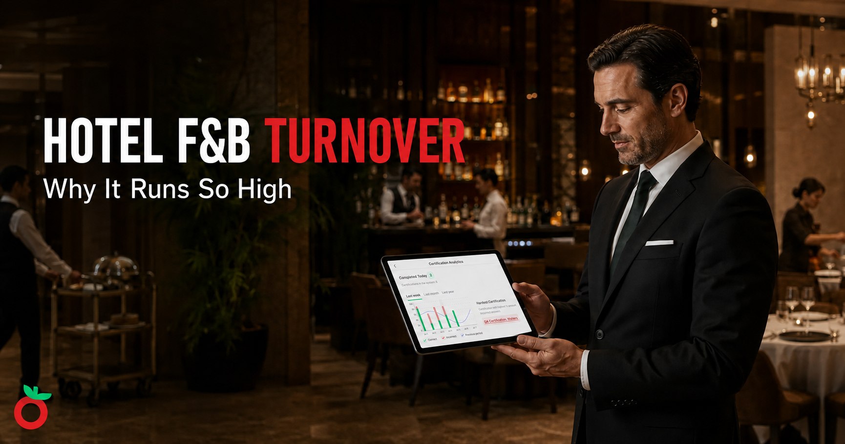 Hotel F&B manager reviewing staff training across restaurant, banquet, and room-service teams.