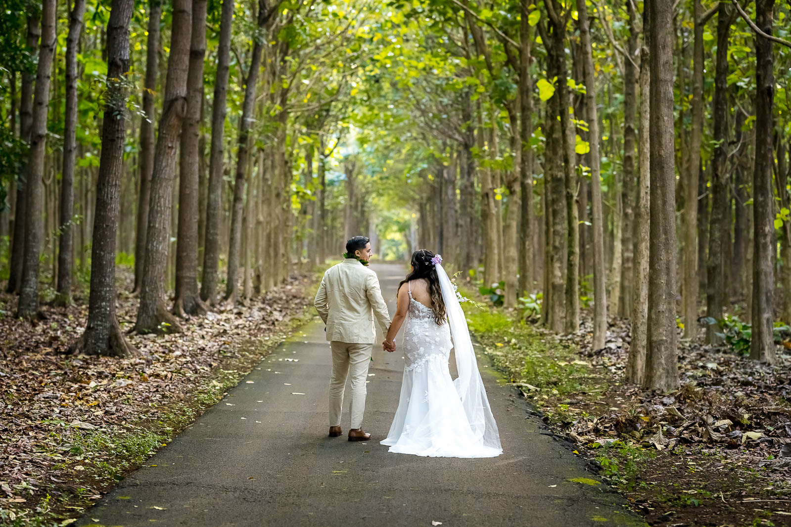bride and groom walk the tree bridge pathway elopement weddingon kauai