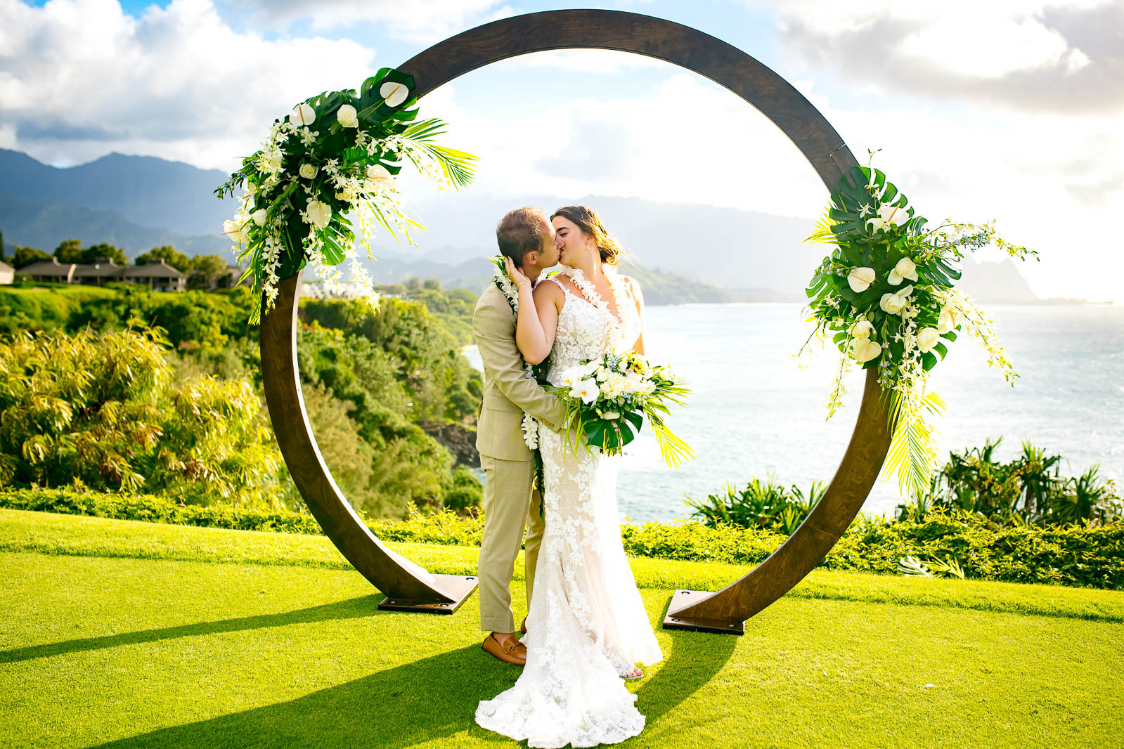 flower arch elopement wedding overlooking Hanalei bay in kauai