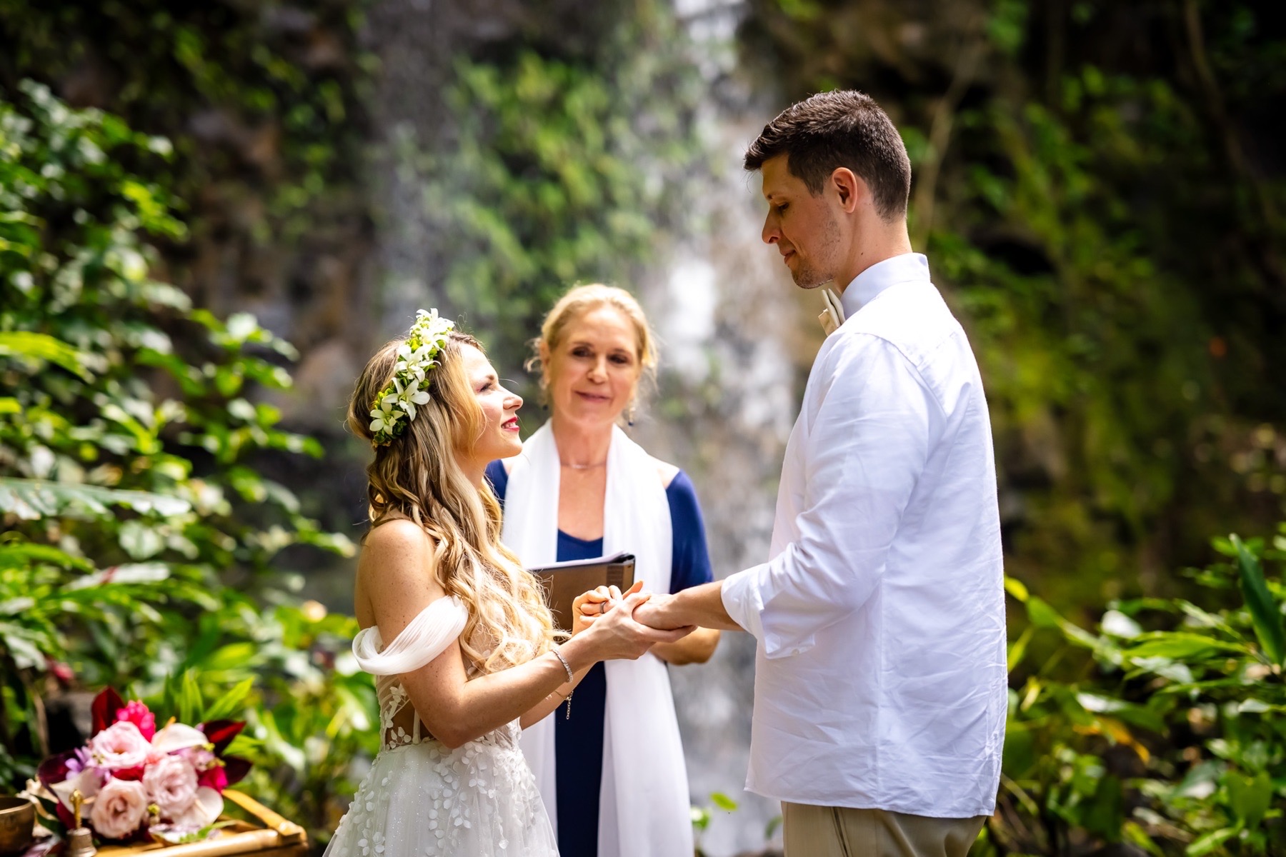 kauai wedding ceremony by waterfall