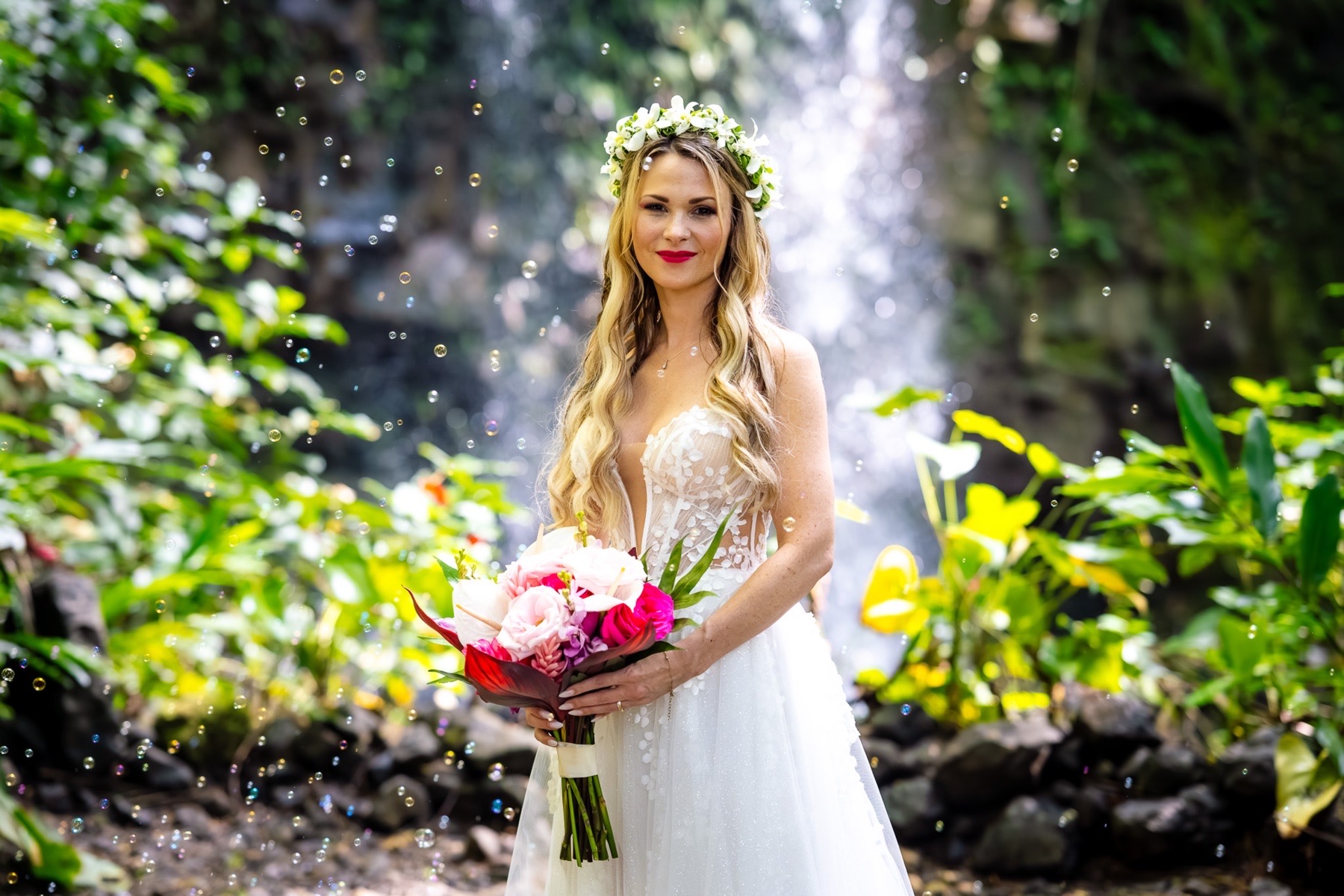 kauai elopement bridal portrait in front of waterfall