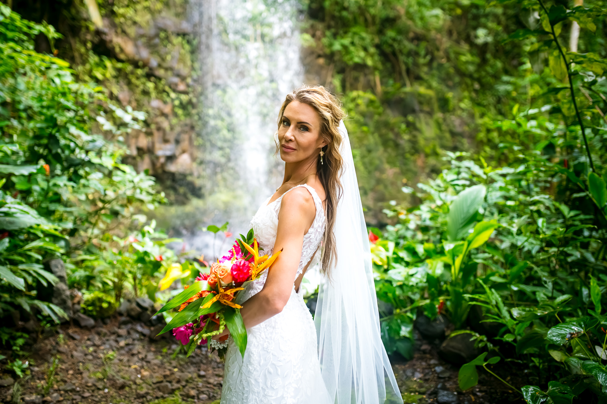 waterfall portrait of bride