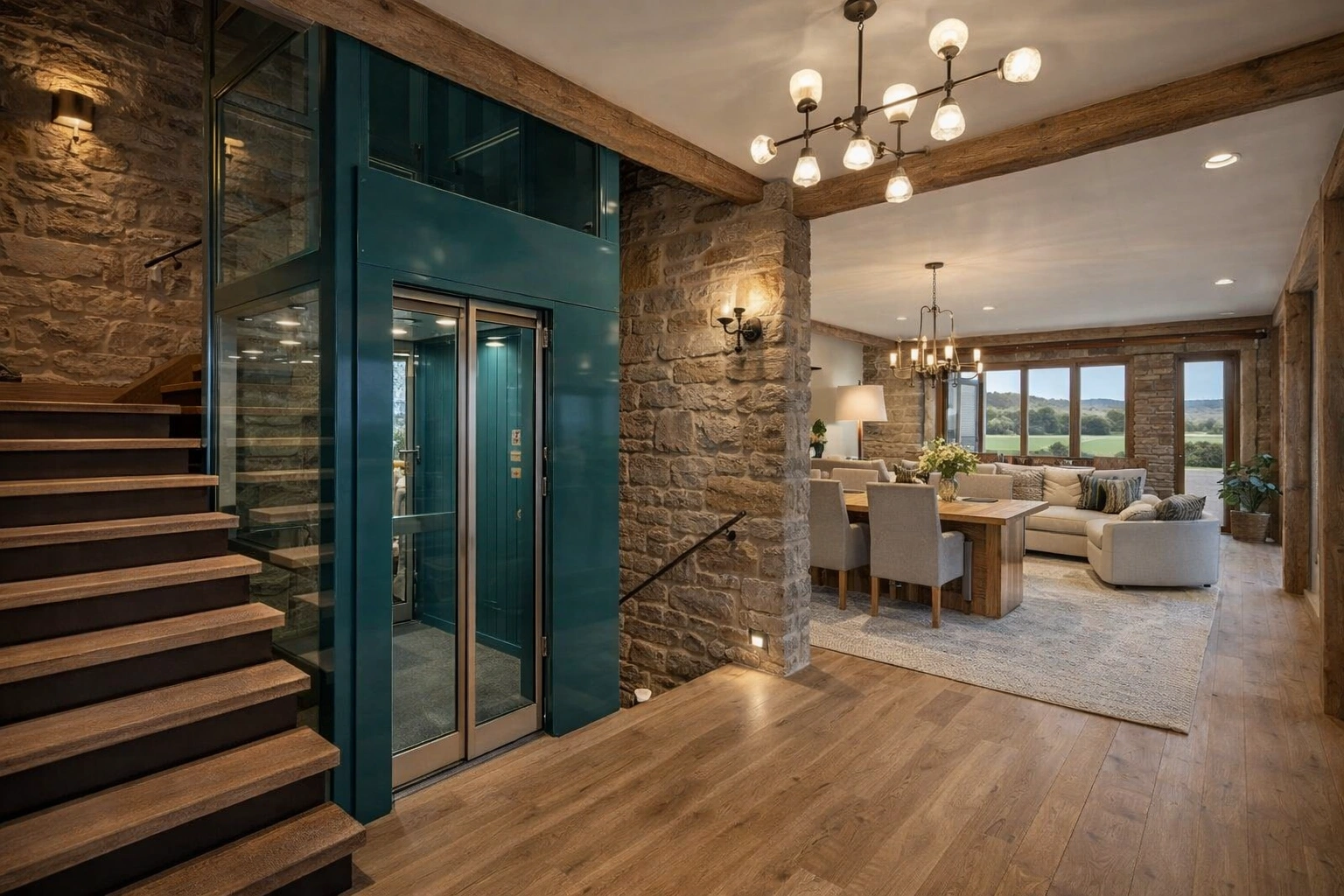 Man walking past a Home Elevator sited in a black steel lift structure with glass panels and a glazed swing lift door