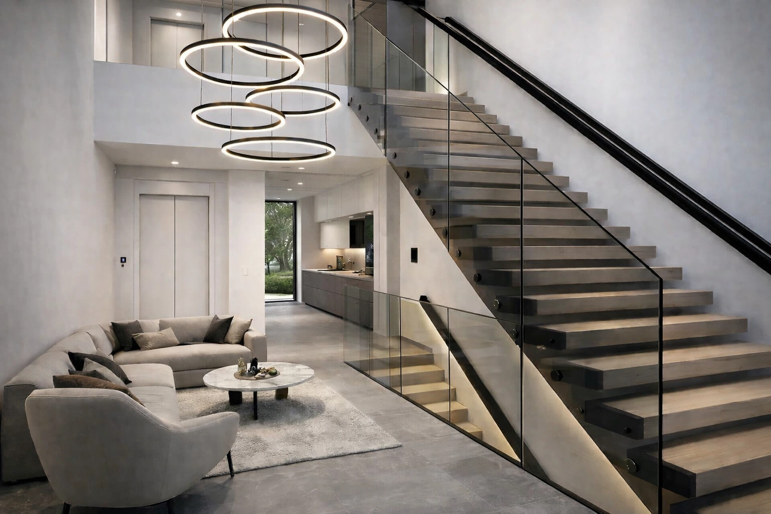 Modern apartment living room featuring a home lift with mirrored stainless steel lift doors