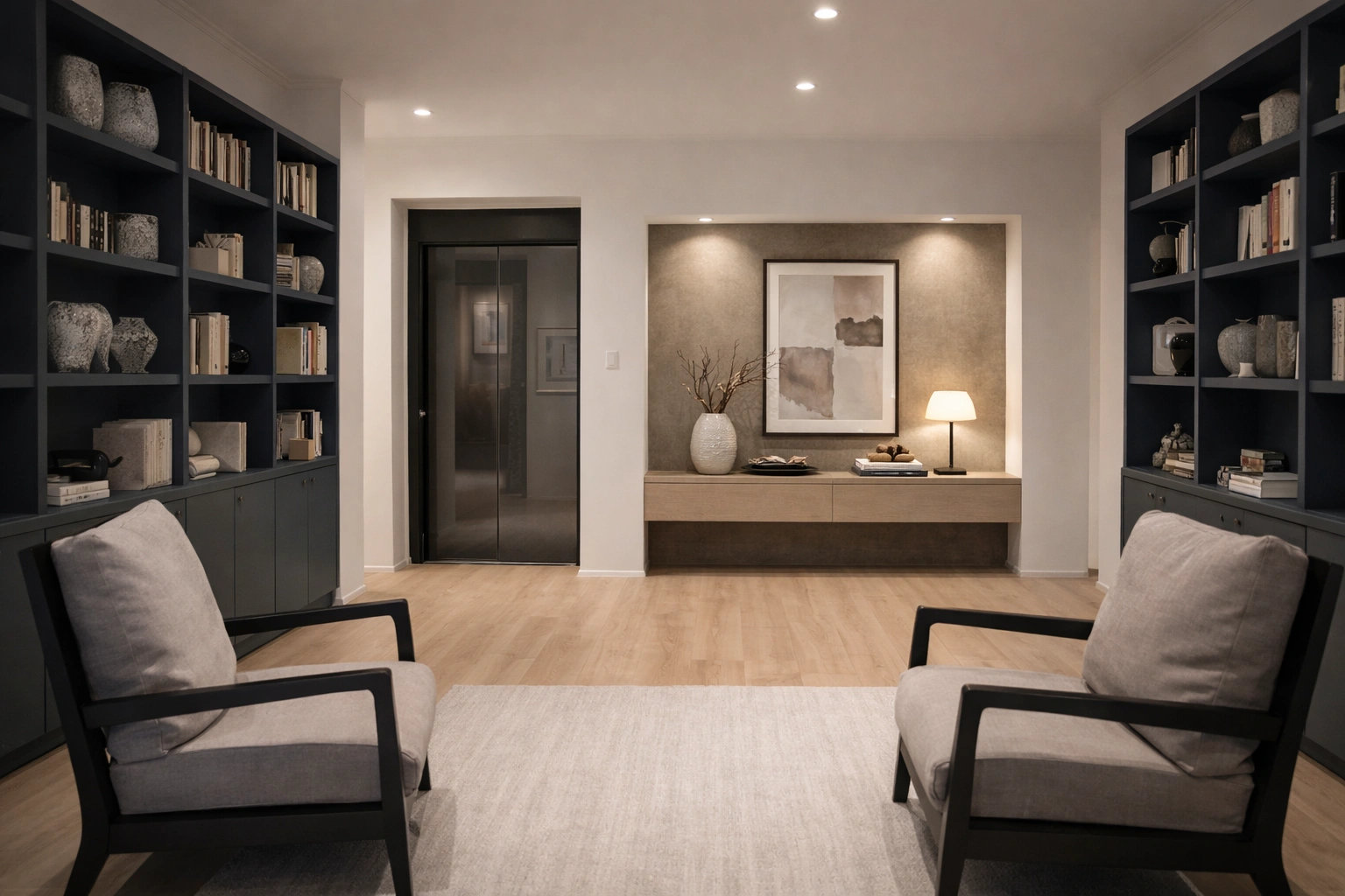 Contemporary home lift cabin wall with black glass centre housing back lit touch sensitive lift control buttons