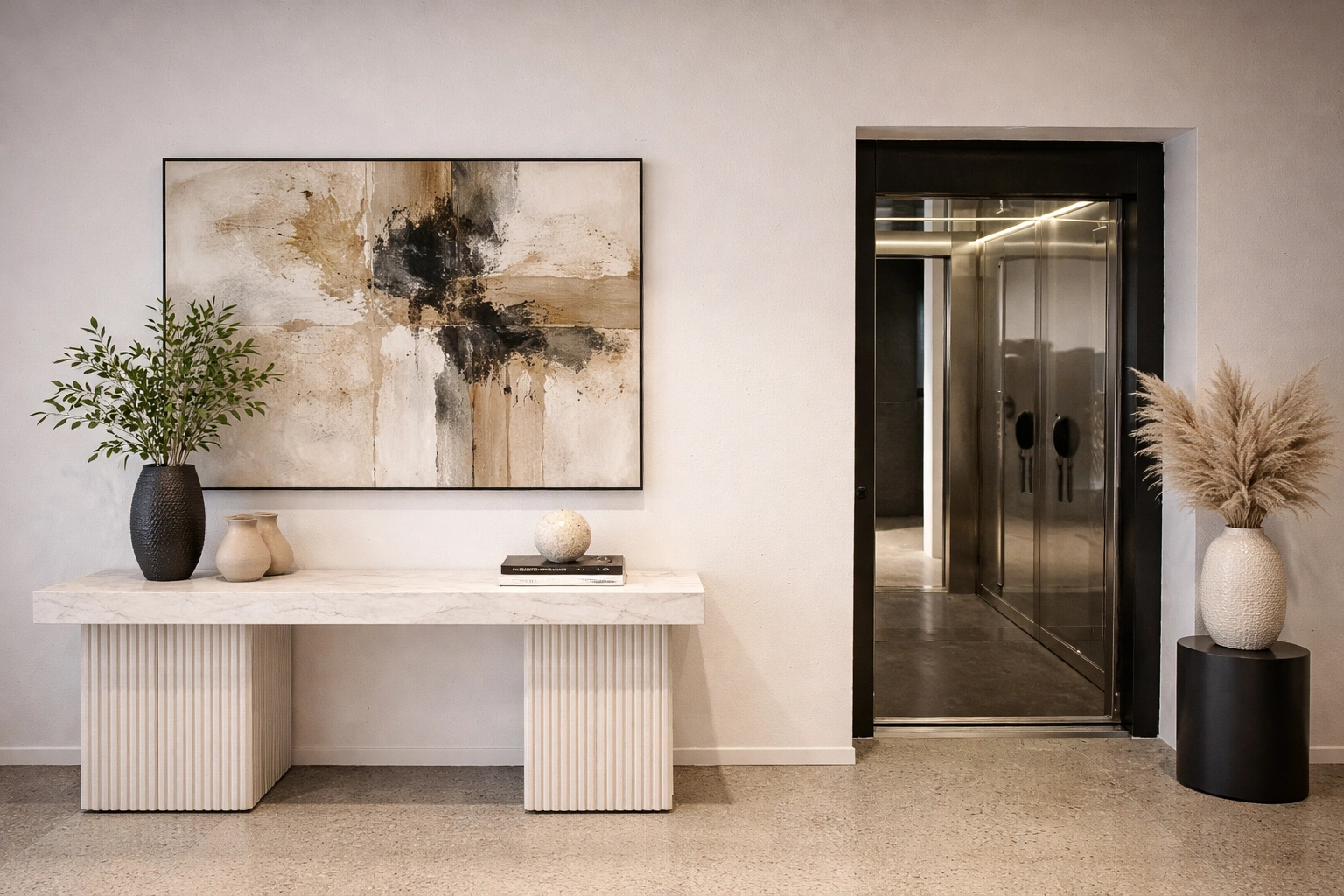 Home lift in open plan living space with large, glazed aspect. The Home elevator is visible at both floor levels serving an upper mezzanine walkway