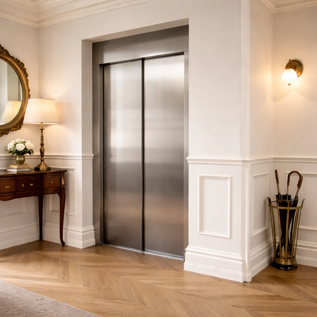Residential Lift with Stainless steel doors sited in a lift shaft with leather wall panels