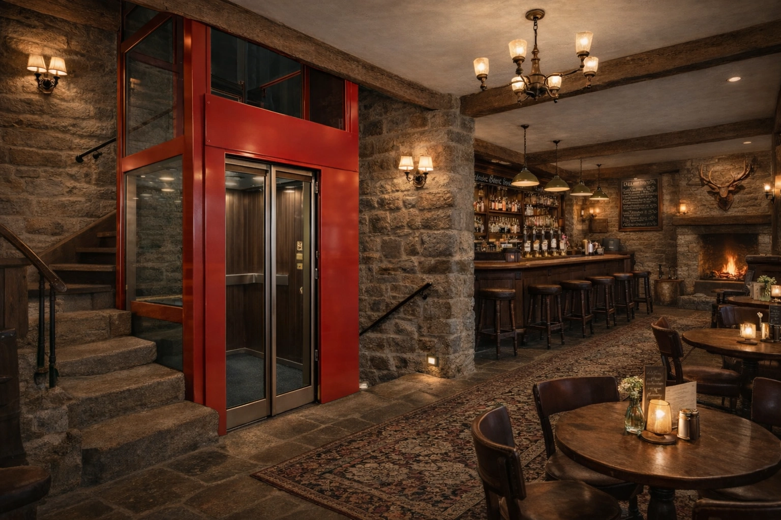 Contemporary glass commercial lift with timber staircase wrapping around in the lobby of a high-end apartment complex