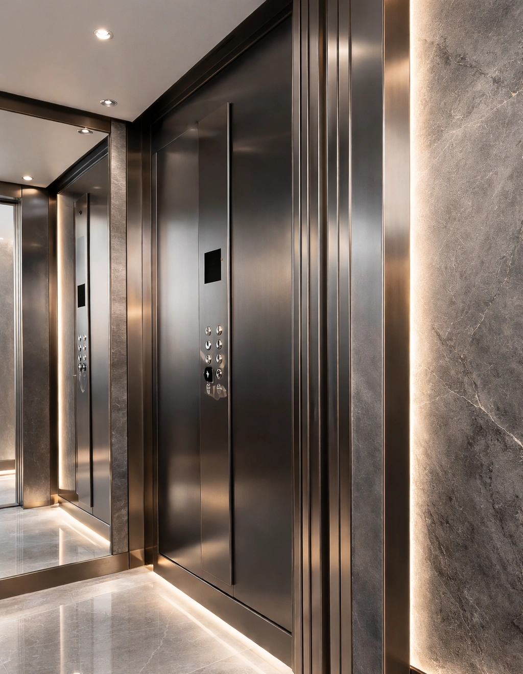 Commercial lift with mirrored stainless steel telescopic landing doors 