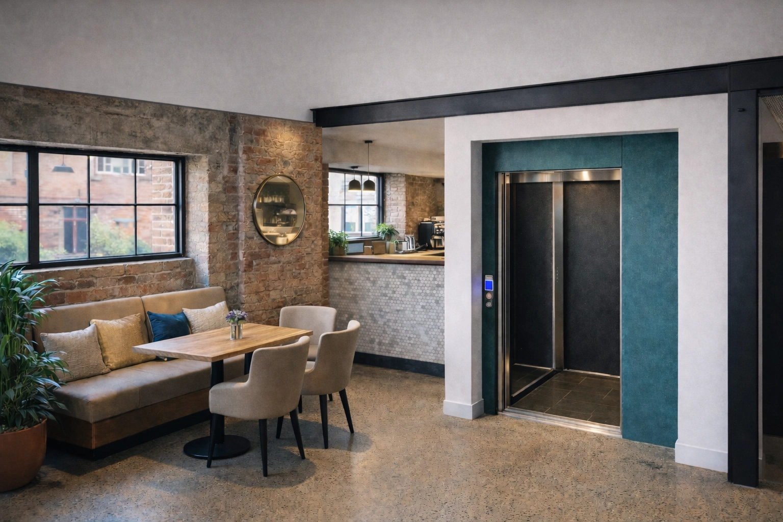 Black painted steel, glazed scenic commercial lift sited in the stairwell of a modern office foyer