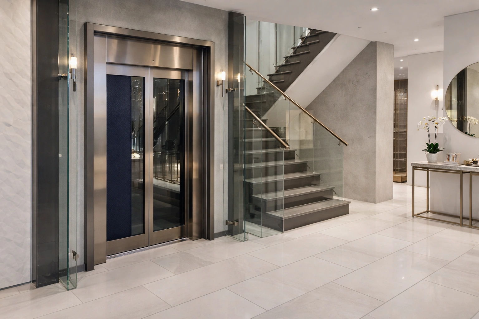 2 passenger lifts installed side by side as duplex lifts in a commercial office lobby