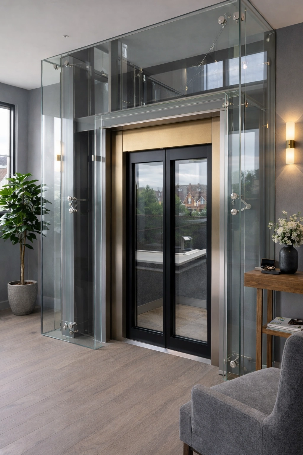 Mirrored stainless steel and glass passenger lift structure sited in the stairwell of a high-end clothing retailer