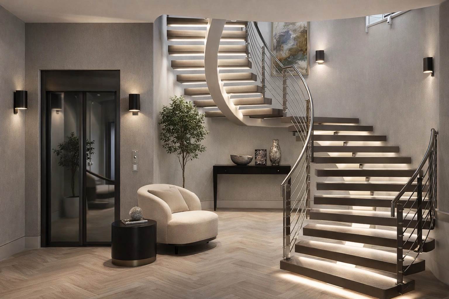 Two commercial lifts installed as a duplex lift group in the main passenger lift lobby of an office building