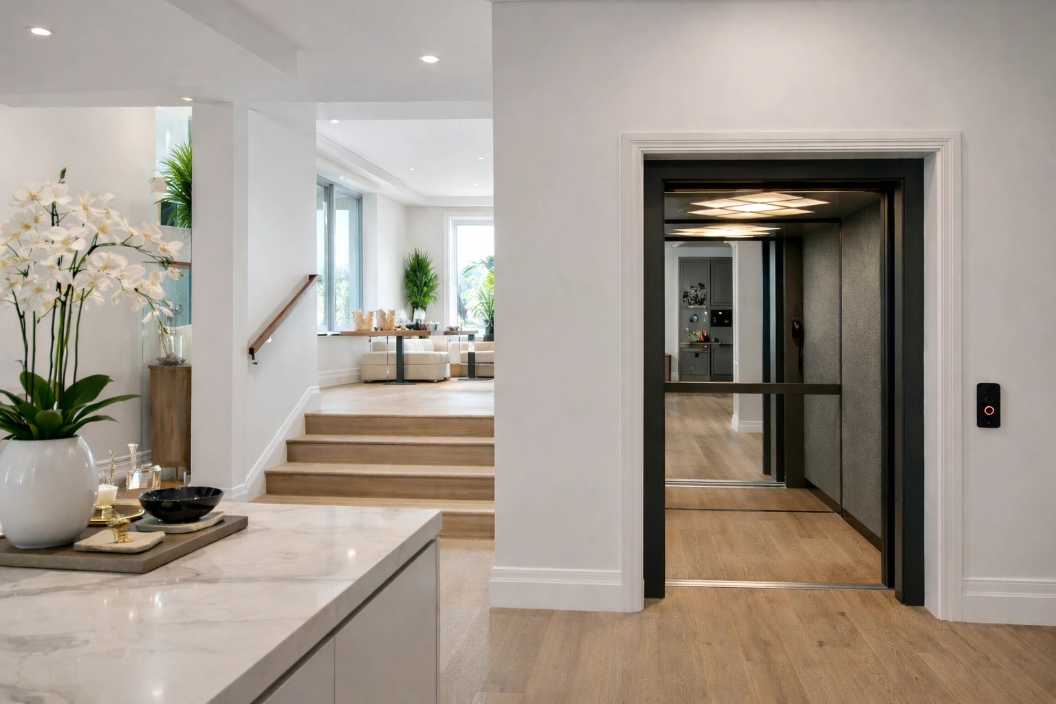Home lift with staircase seamlessly wrapping around a bespoke glass lift structure in a modern home