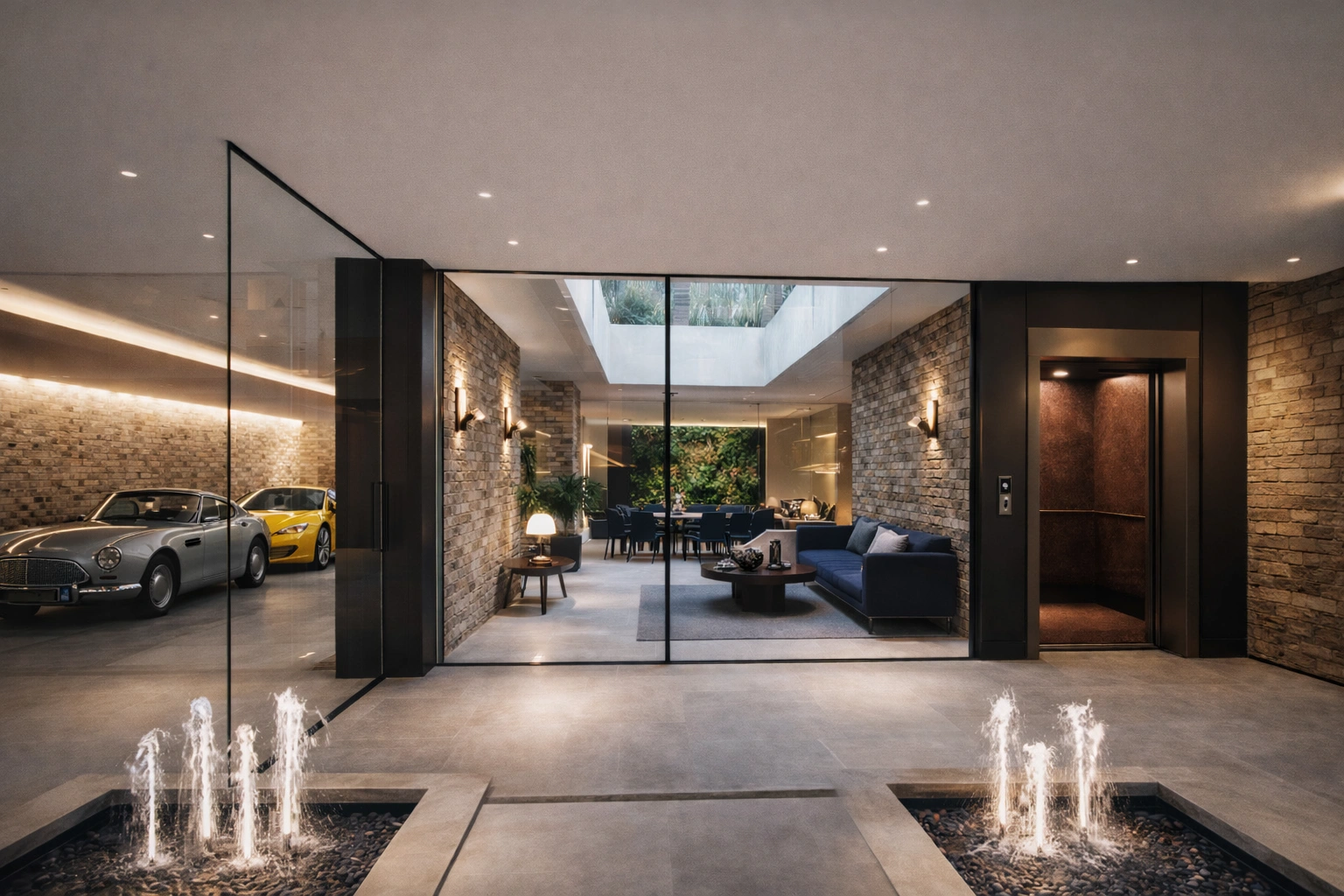 High end residential living room featuring a home elevator 