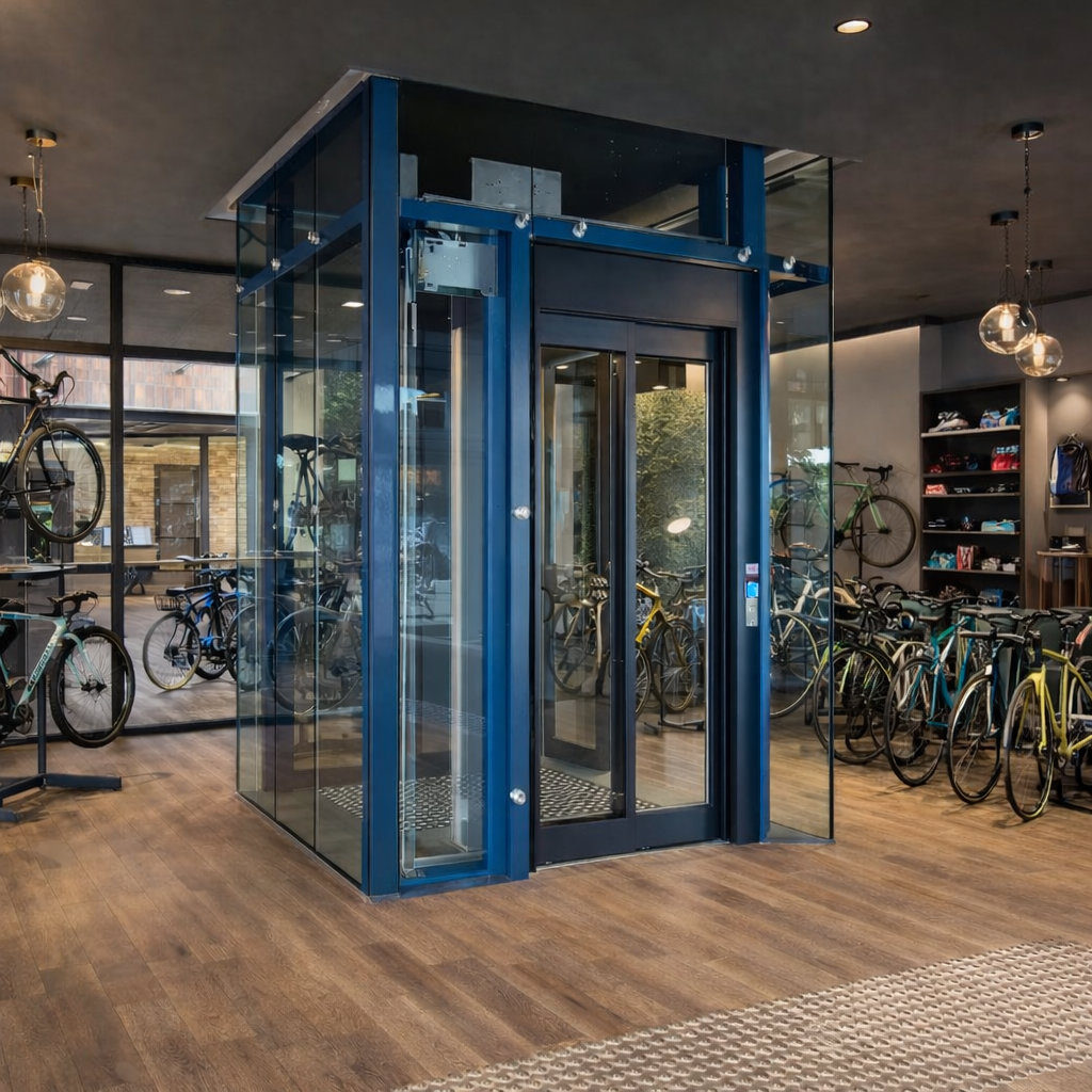 Bespoke DDA access step lift providing wheelchair access between levels in a public building. The step lift has steel painted framework with glass side panels and gate