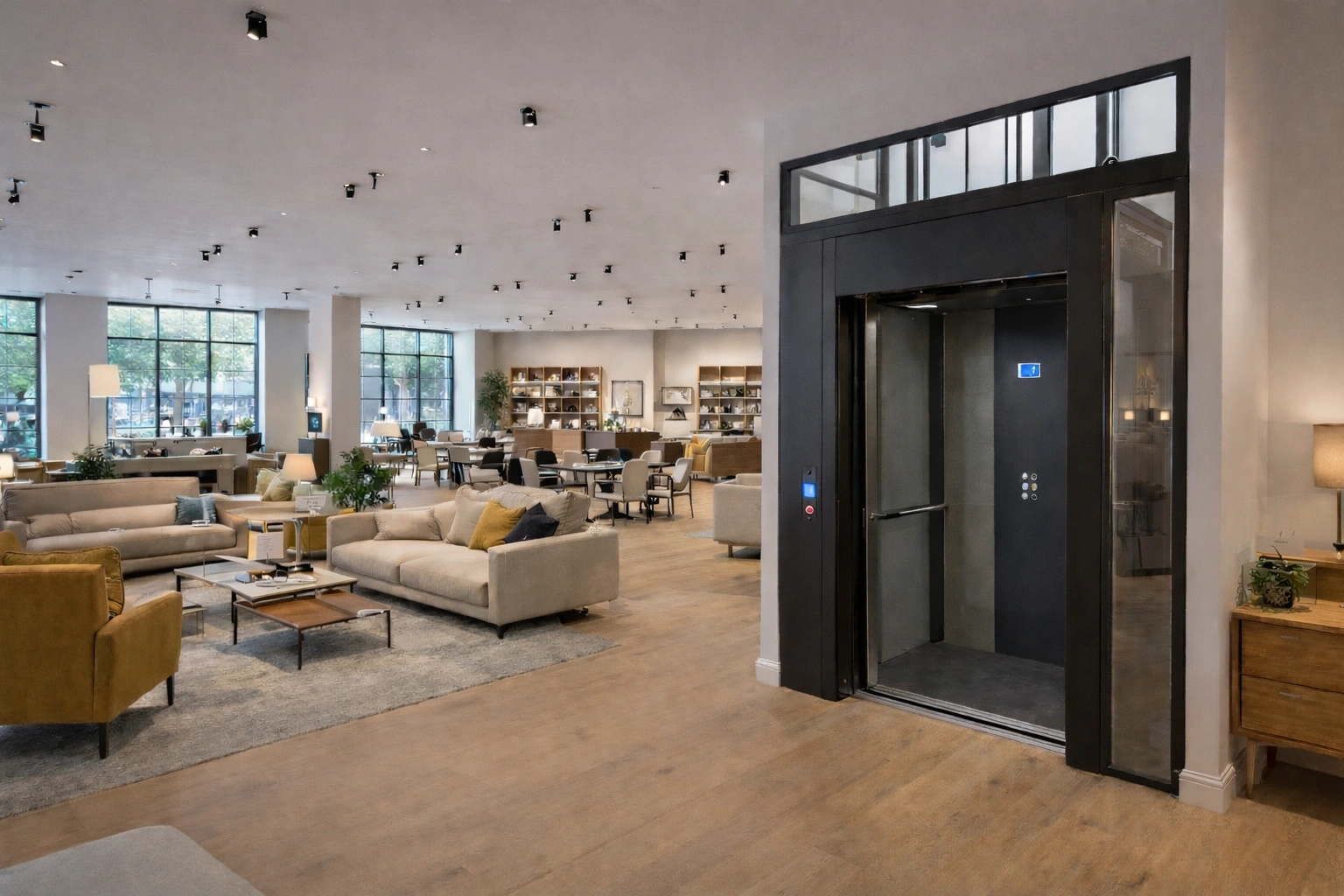External hidden step lift recessed into the floor outside a hotel. The step lift provides wheelchair access to the main entrance