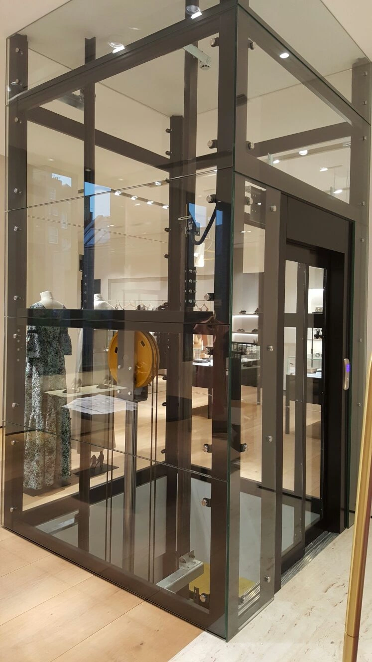 Bespoke DDA access step lift providing wheelchair access between levels in a public building. The step lift has steel painted framework with glass side panels and gate