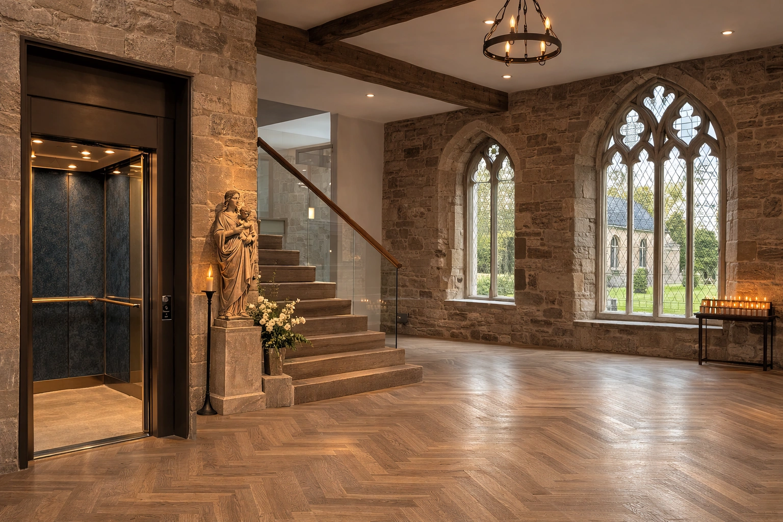 Modern commercial office entrance lobby featuring a short rise step lift in brushed stainless steel and glass giving less abled access to a change in levels