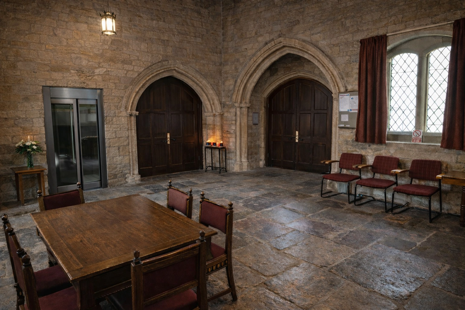 Pit less Step lift raised to the upper landing level of a commercial building entrance lobby, the lift is finished in Painted steel with glass side panels