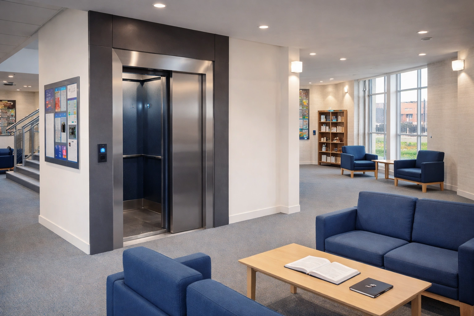 Modern commercial office entrance lobby featuring a short rise step lift in brushed stainless steel and glass giving less abled access to a change in levels
