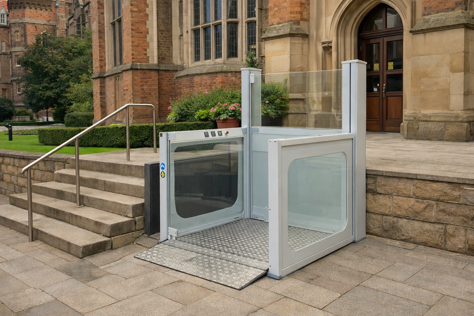 DDA access step lift providing wheelchair access between levels in a public building. The step lift has steel painted framework with glass side panels and gate