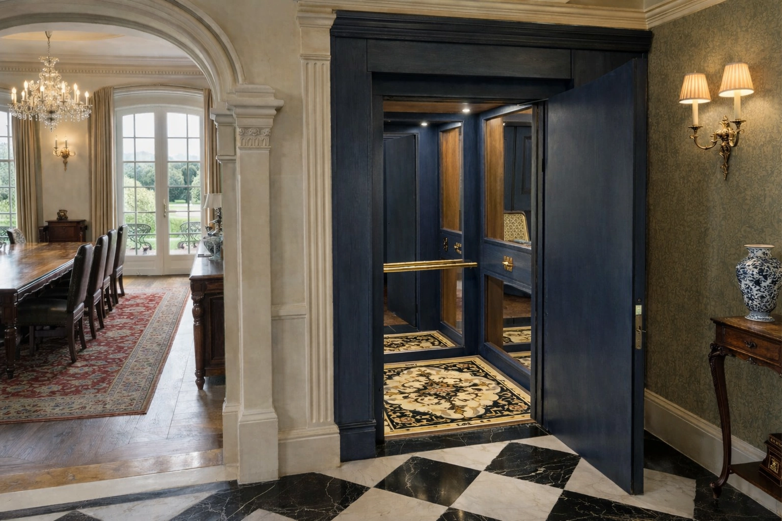 Modern commercial office entrance lobby featuring a short rise step lift in brushed stainless steel and glass giving less abled access to a change in levels
