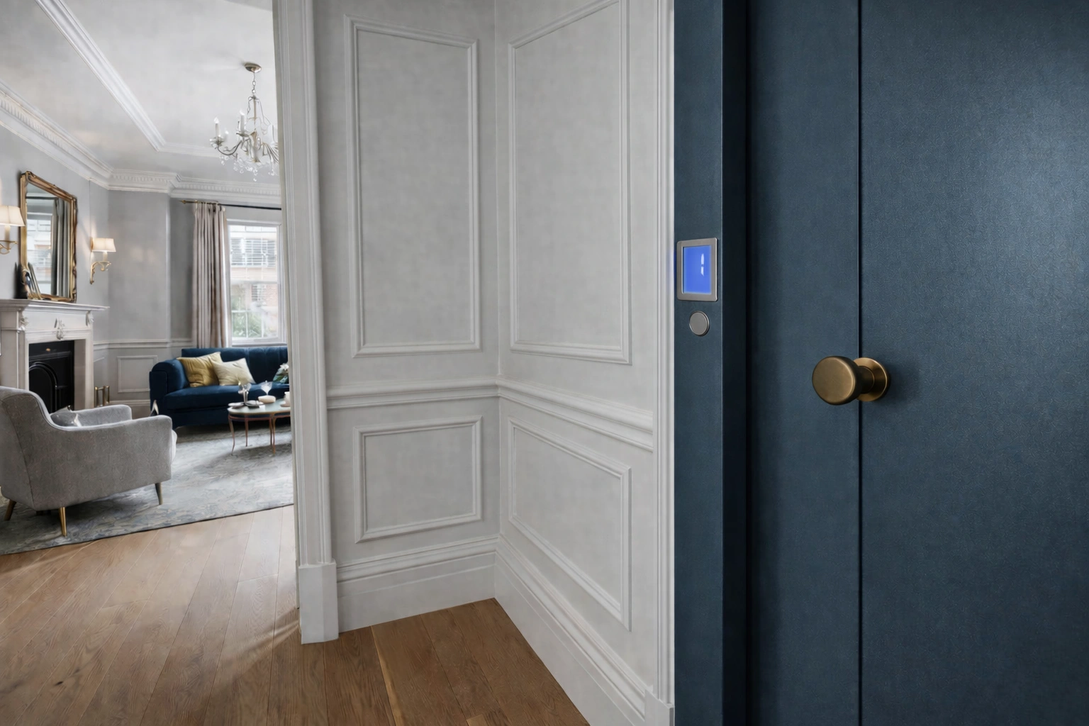 Bespoke DDA access step lift providing wheelchair access between levels in a public building. The step lift has steel painted framework with glass side panels and gate