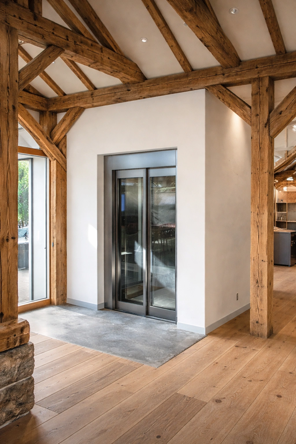 Bespoke DDA access step lift providing wheelchair access between levels in a public building. The step lift has steel painted framework with glass side panels and gate