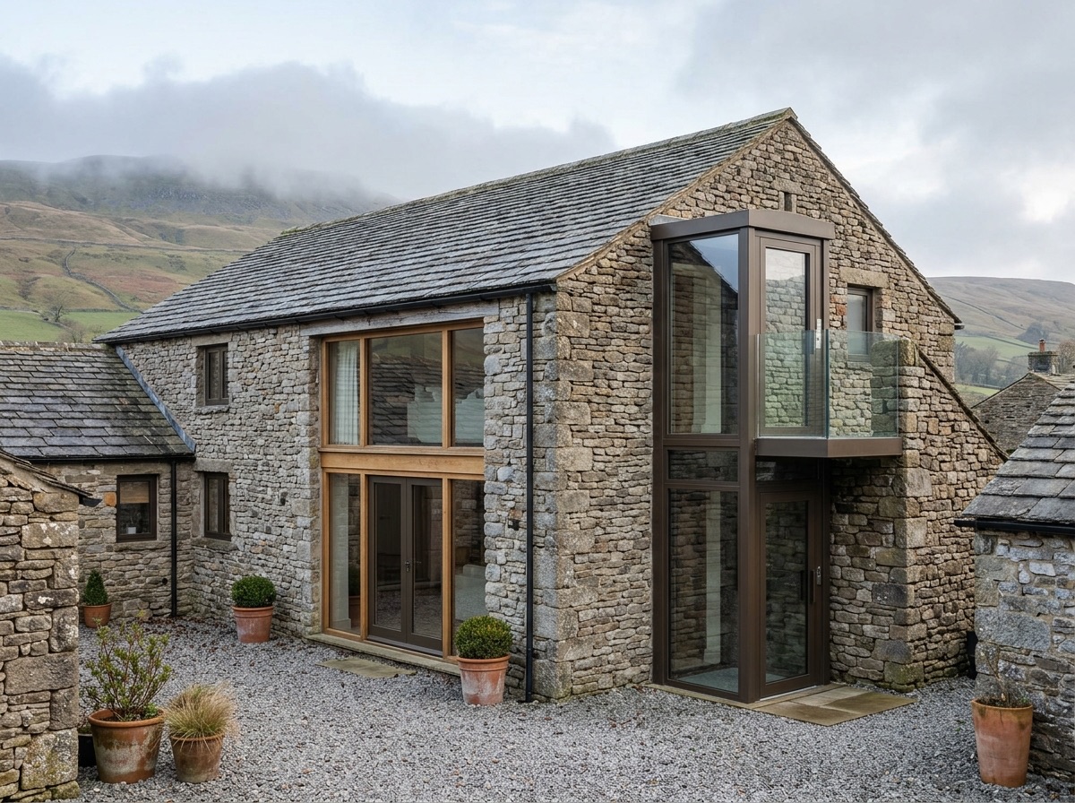 Bronze-framed glass outdoor lift built into a stone barn conversion with a glazed balcony on the upper floor