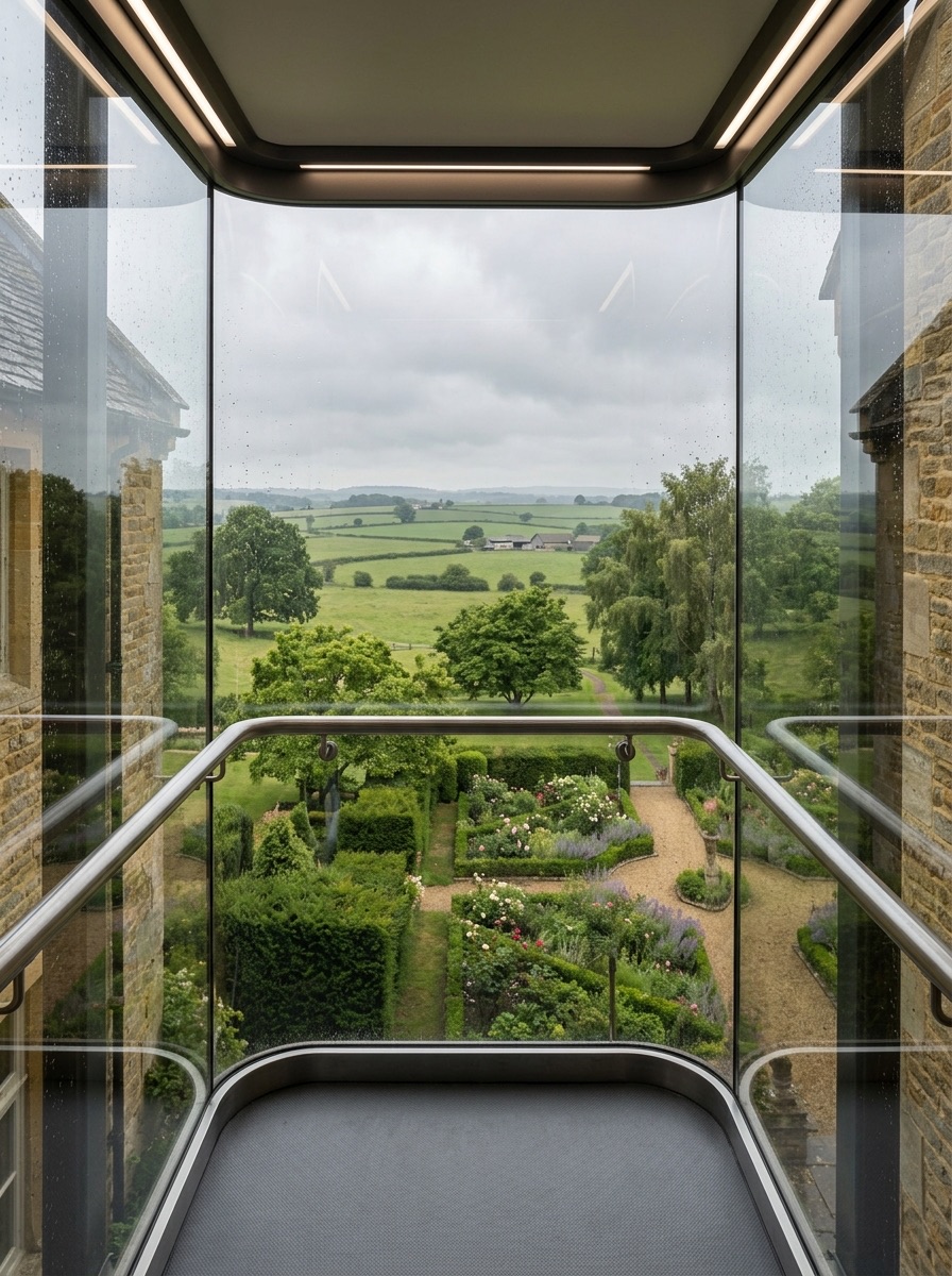 View from inside a panoramic glass lift cabin with a handrail, looking out over a formal garden and countryside