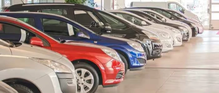 Several cars parked in two neat rows inside a showroom.