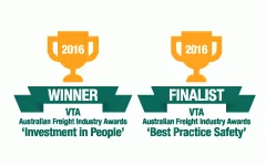 Two awards display: 2016 Winner for 'Investment in People' and 2016 Finalist for 'Best Practice Safety'.
