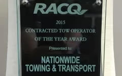 Plaque awarded to Nationwide Towing & Transport as the 2015 Contracted Tow Operator of the Year.