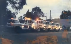 Several fire trucks with flashing lights are lined up on a street in the evening.