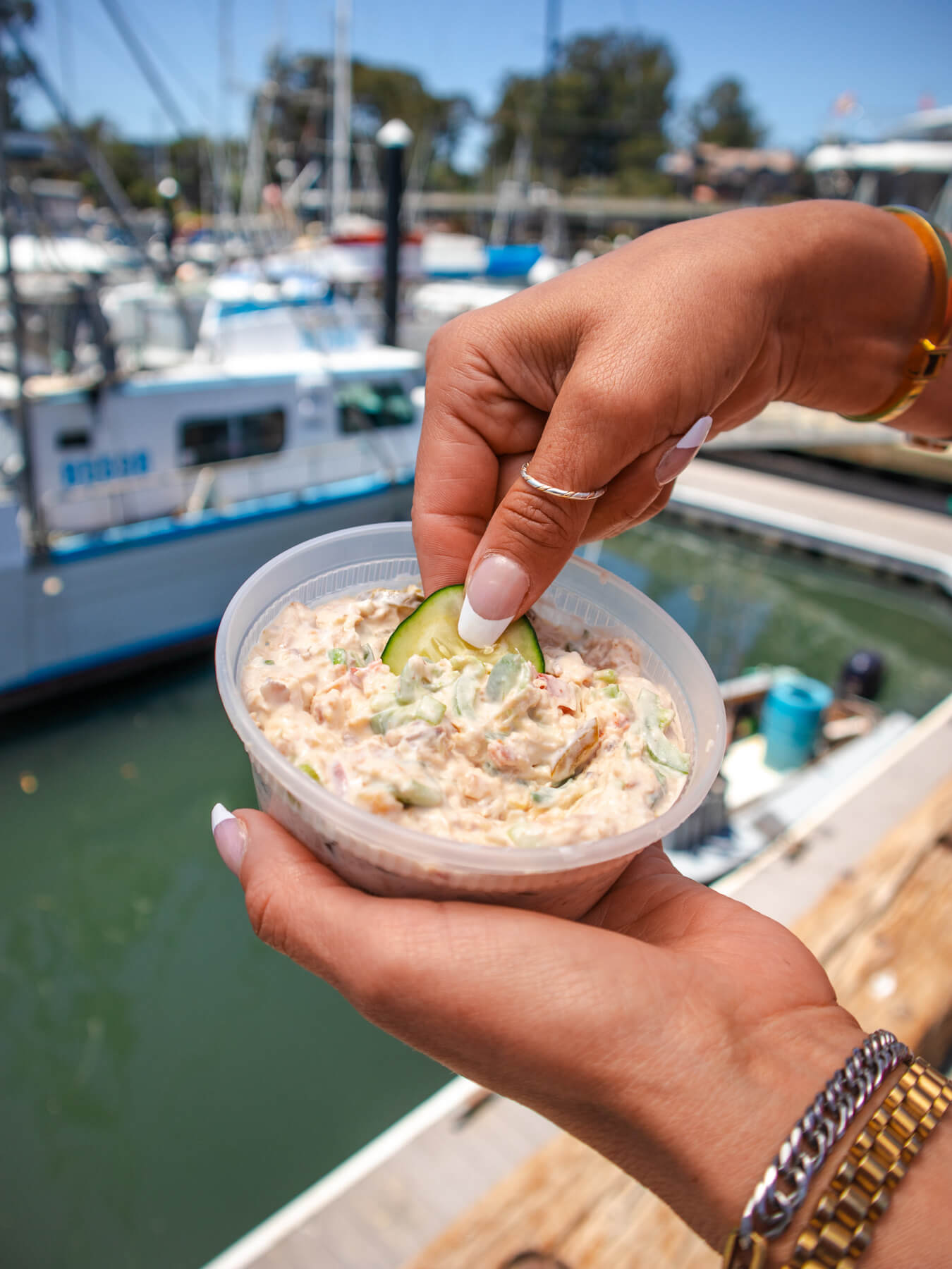 Person Dip Cucumber into Jalapeno Dip with Santa Cruz Harbor in the Background