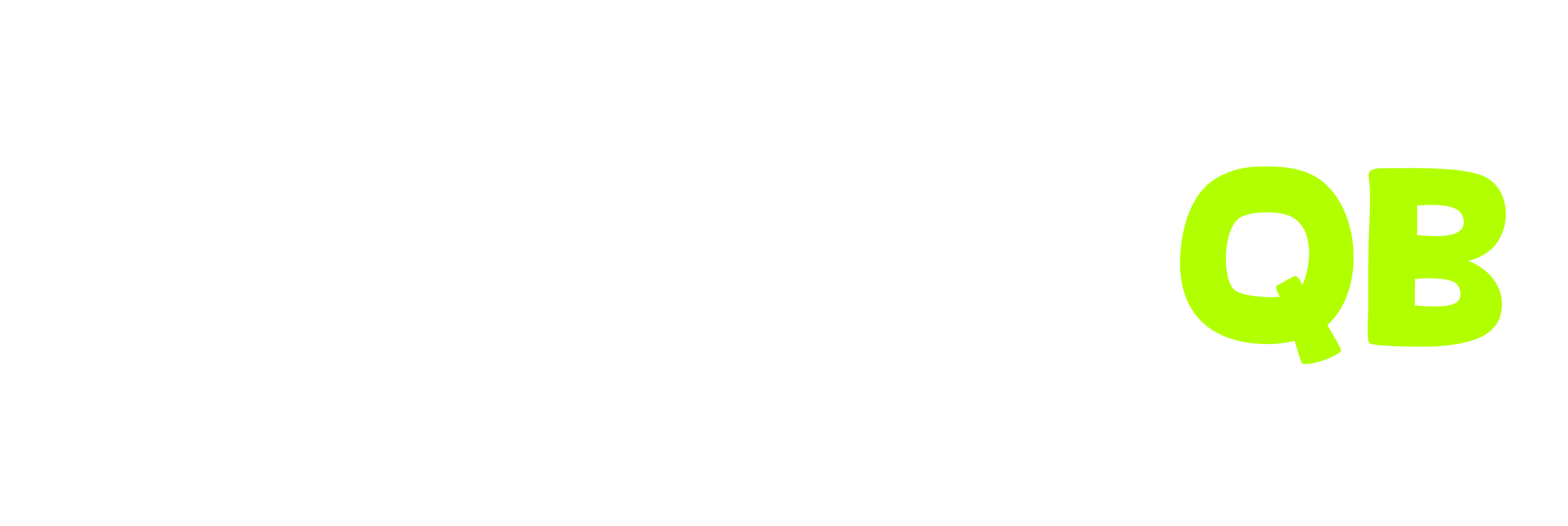 QB logo in bright green letters on a white background