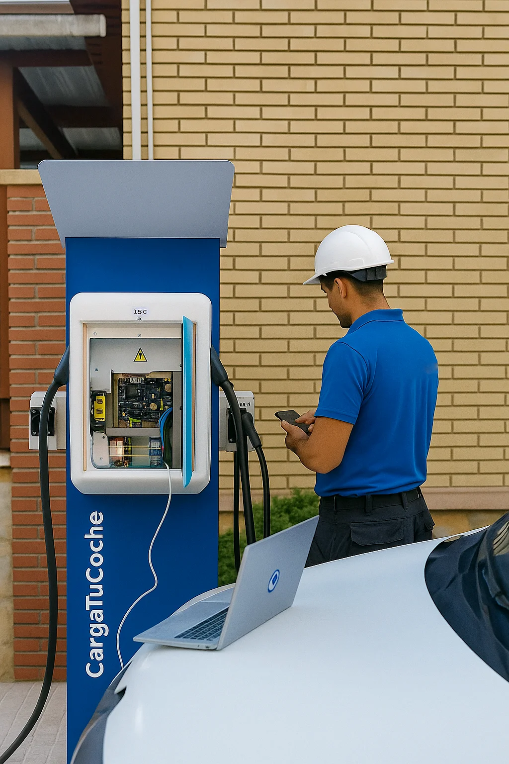 Socio instalador de CargaTuCoche instalando un cargador para empresa en Madrid.