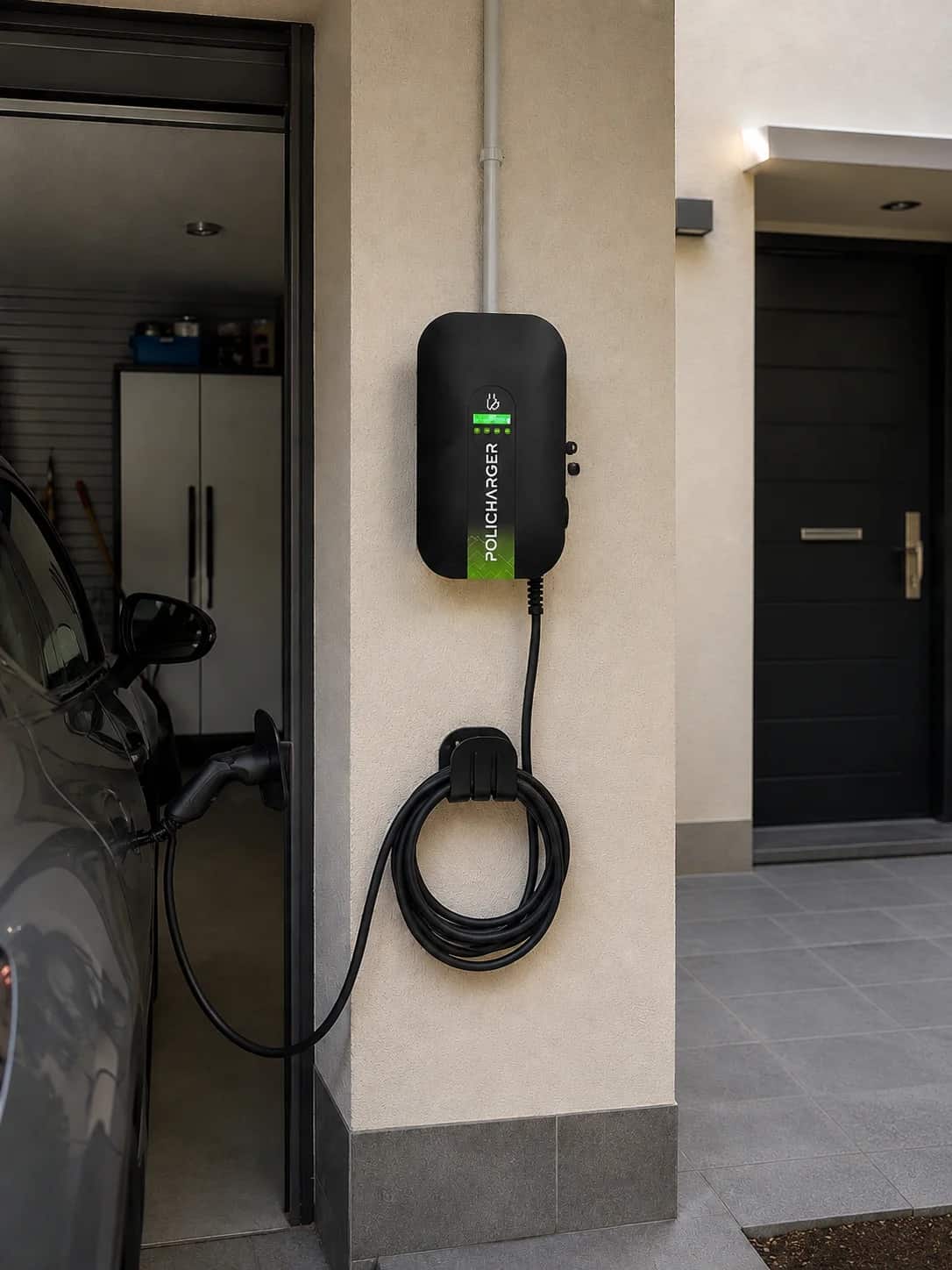 Cargador policharger en vivienda unifamiliar cargando coche eléctrico