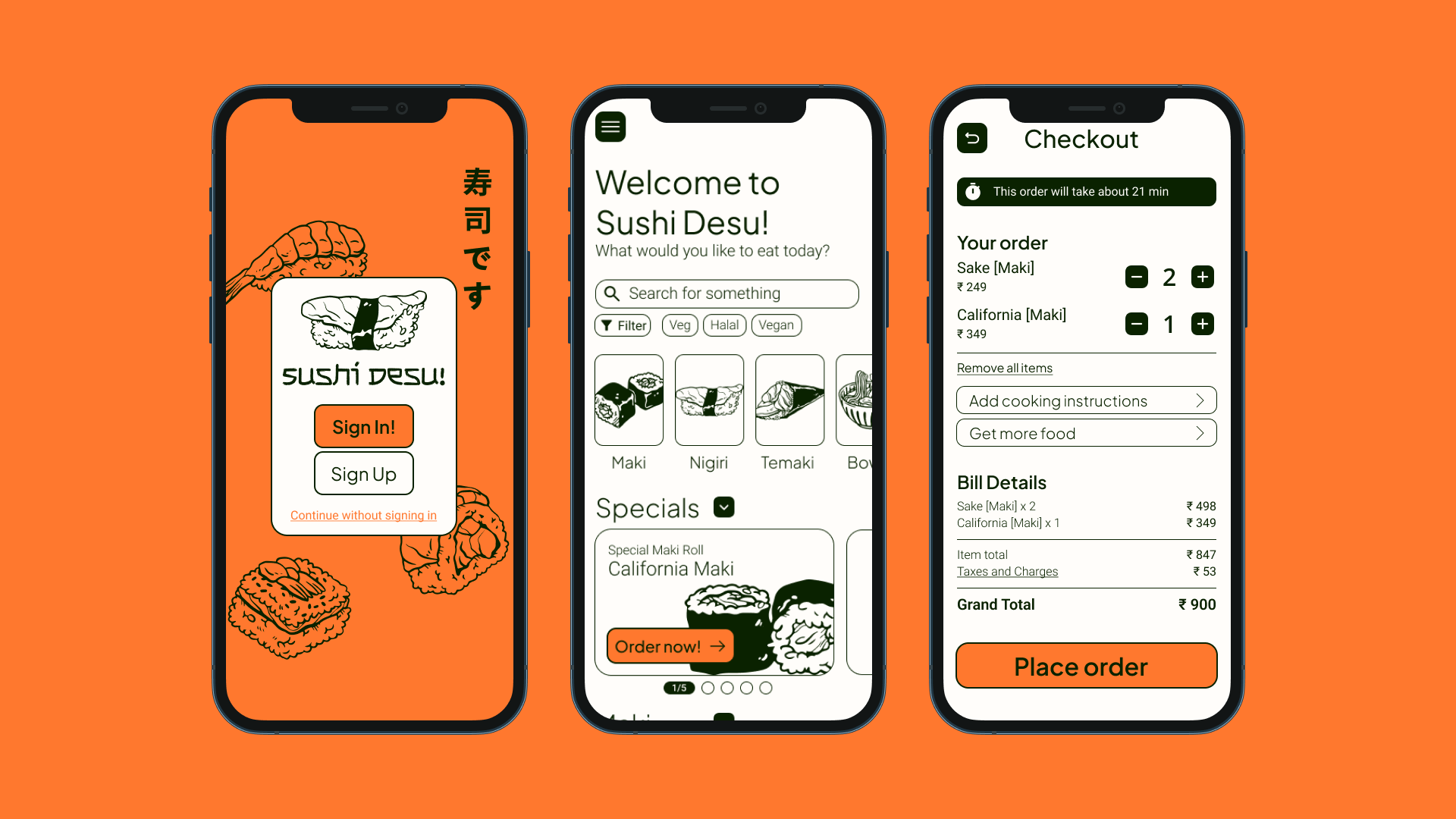 Sign up screen, Home screen and checkout screen of 'Sushi Desu' app