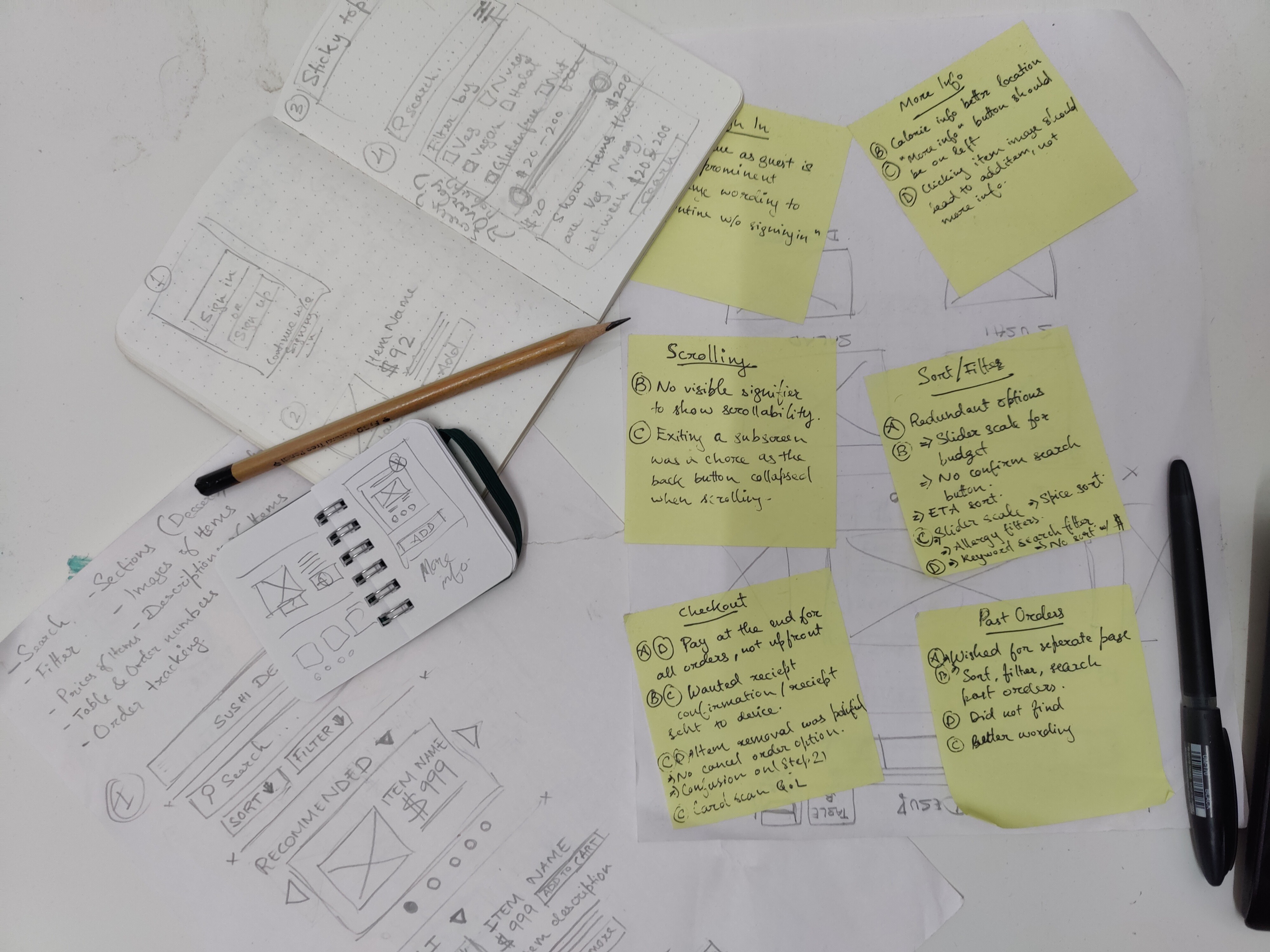 This is a picture of the paper sketches and rough designs of screens and UI Elements