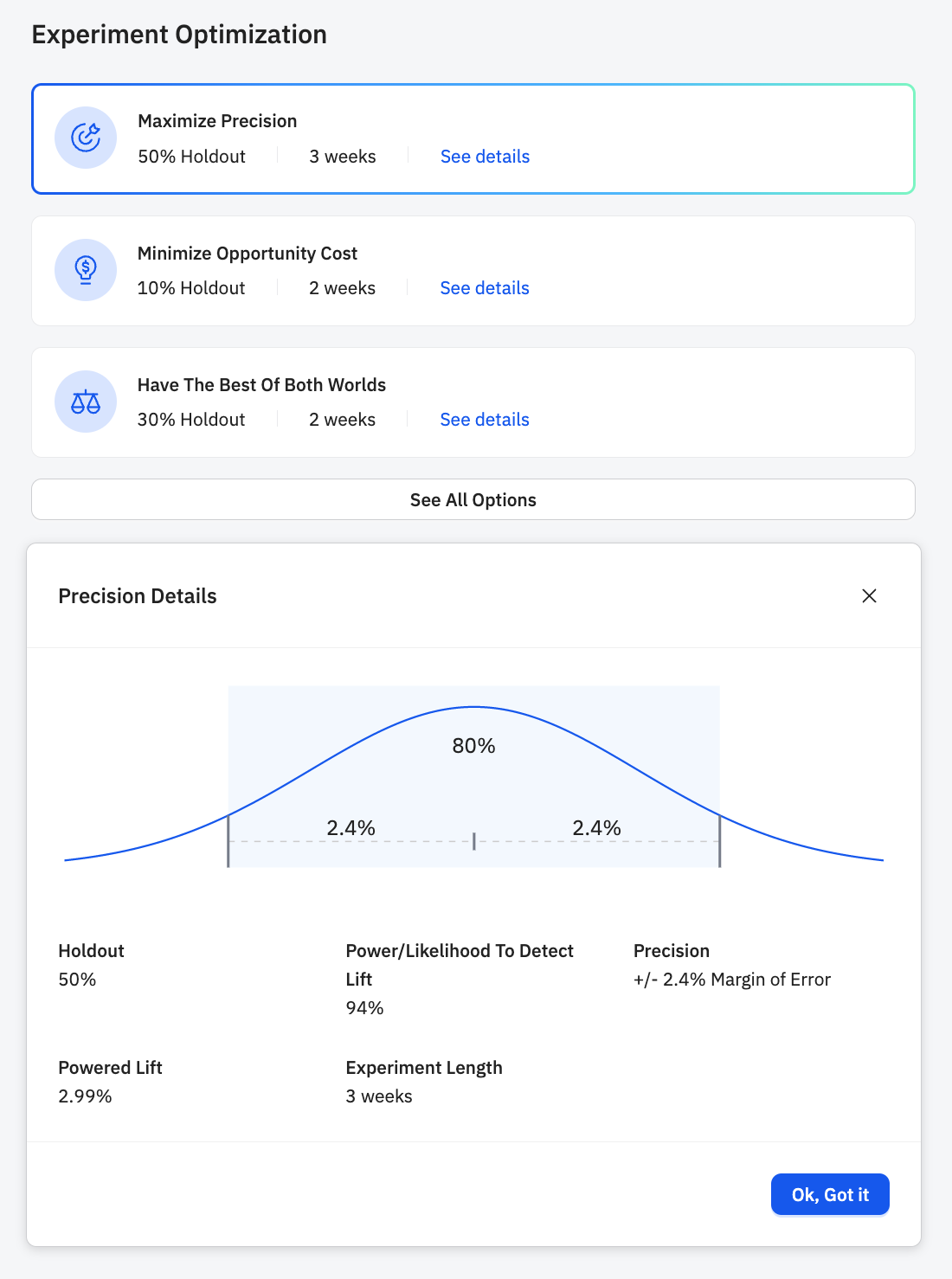 Haus app screenshot illustrating Experiment Optimization options and related Precision Details